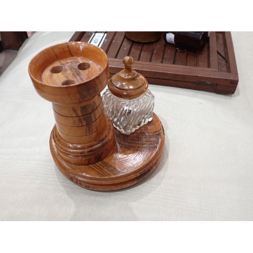 451 - A turned wood Inkstand with castle turret pen holder painted faux grain, 4¼in H, a Travelling Ink Po... 