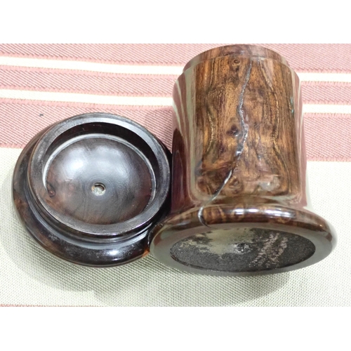 459 - An Irish bog oak castle turret Vesta Box, 3½in H, and seven cylindrical Vesta Boxes including lignum... 