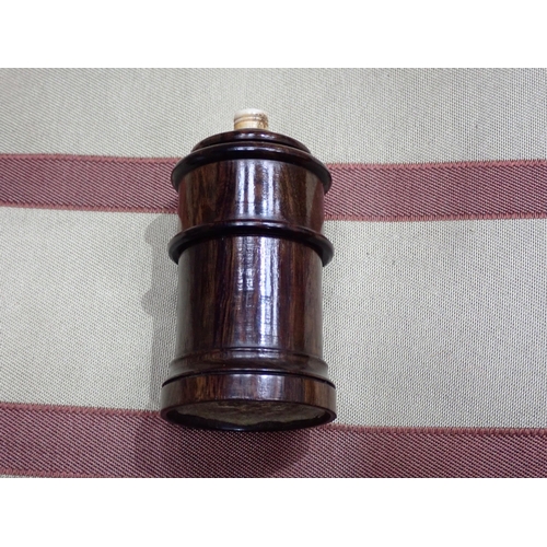 459 - An Irish bog oak castle turret Vesta Box, 3½in H, and seven cylindrical Vesta Boxes including lignum... 