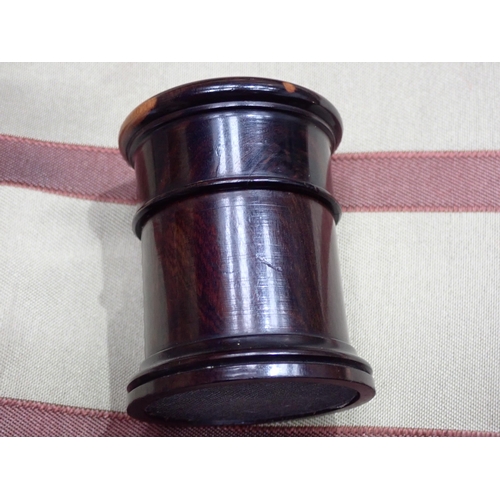 459 - An Irish bog oak castle turret Vesta Box, 3½in H, and seven cylindrical Vesta Boxes including lignum... 