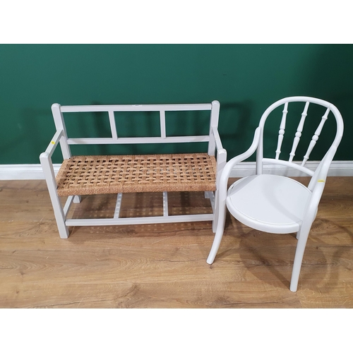 596 - A grey painted Childs Chair and a string seated painted Childs Bench.