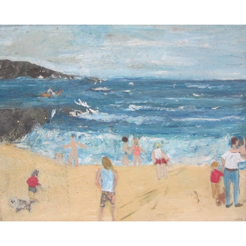 417 - ENGLISH SCHOOL, c.1980. Beach scenes with children, oil on canvas board, unframed, 16 x 20in; a pair... 