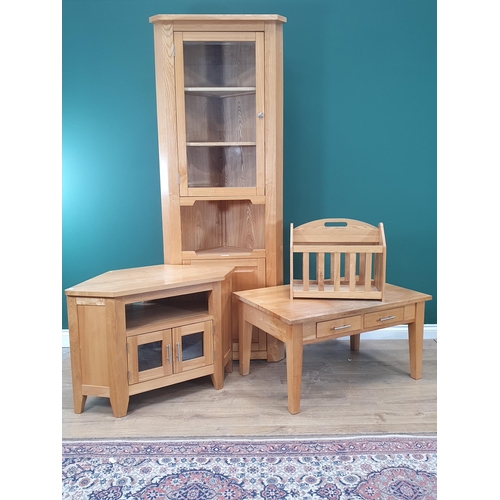 10 - A light oak Standing glazed Corner Cupboard with panel cupboard door to the bottom, H6ft 7