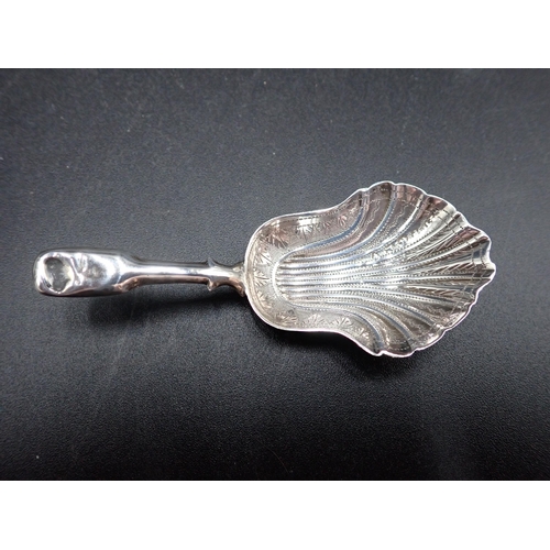 118 - A Victorian silver Caddy Spoon fiddle pattern with finely engraved scallop Bowl, Birmingham 1864 mak... 