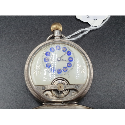 149 - A Continental silver cased Hunter Pocket Watch with Hebdomas Patent Swiss movement, blue enamel nume... 