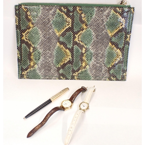 193 - Two modern quartz lady's Wristwatches, a Parker ballpoint Pen and a vintage snakeskin effect Clutch ... 