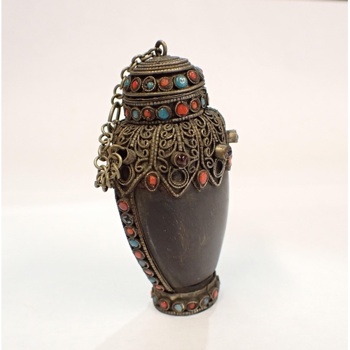 197 - A Tibetan horn Snuff Bottle with red and blue glass decoration 3 1/2 in high