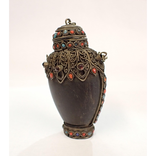 197 - A Tibetan horn Snuff Bottle with red and blue glass decoration 3 1/2 in high