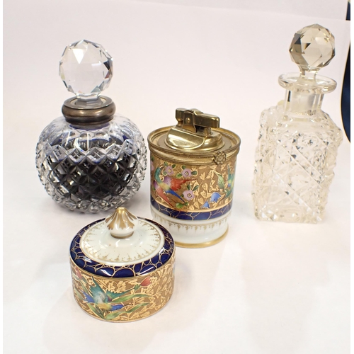 199 - A Limoges Table Lighter 5in high, a silver collared cut glass globular Scent Bottle and a square sec... 