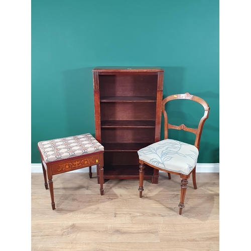 281 - A mahogany open Bookcase, a pair of Victorian walnut and satinwood inlaid Chairs and a Victorian ros... 