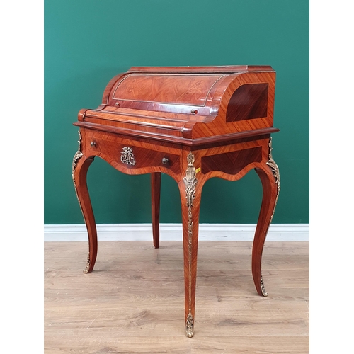 30 - A reproduction French style crossbanded and inlaid roll top Desk/Bureau with fold out leather writin... 