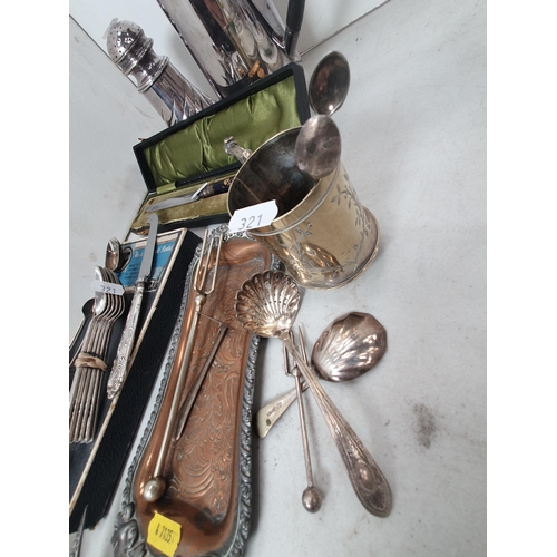 321 - Plated items including, Kettle, Sugar Sifter, assorted Cutlery, small Tray, Sugar Tongs, etc.