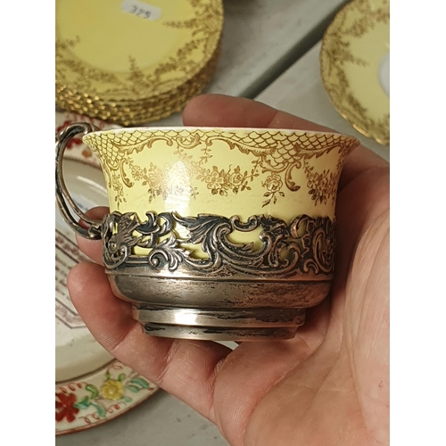 325 - A Pearlware Plate with floral decorated rim and central Poem, and Six yellow and gilt decorated Staf... 