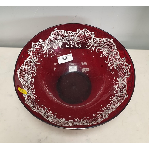 334 - A ruby glass Bowl, the interior and exterior overlaid with white enamel design  in scrolls, lattice ... 