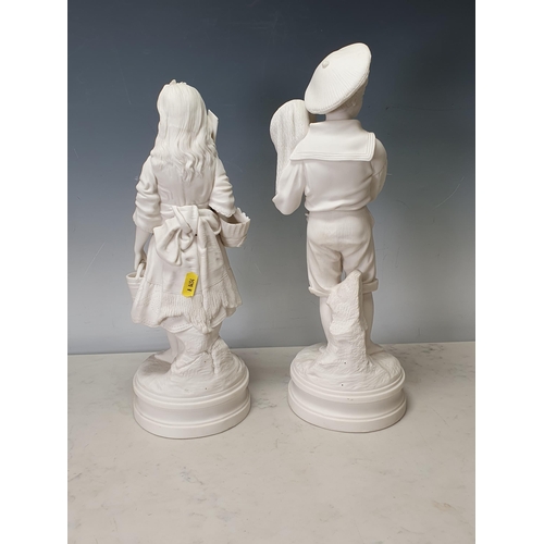 351 - A Parian figure of a boy with fishing net 16in H and another of a young girl with basket and bucket,... 