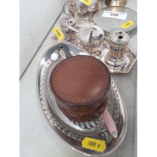 359 - A quantity of plated items including Condiment Set, folding Cup in leather case, Tea Service etc