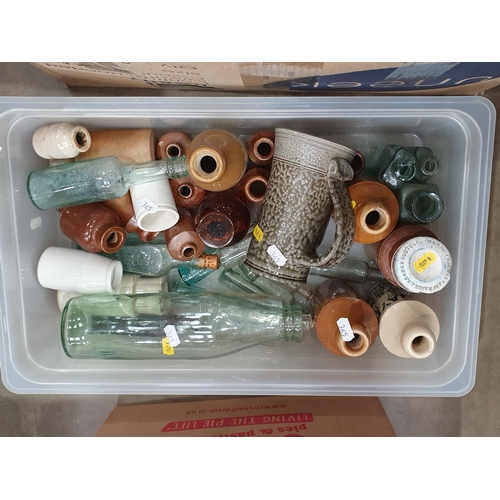 365 - Three boxes containing Pottery, Plated Items, Bowls, glass and stoneware Bottles, Storage Jars etc