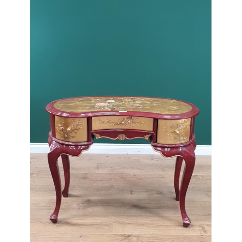 38 - A Modern kidney shaped Dressing Table fitted three drawers on cabriole supports with floral and bird... 