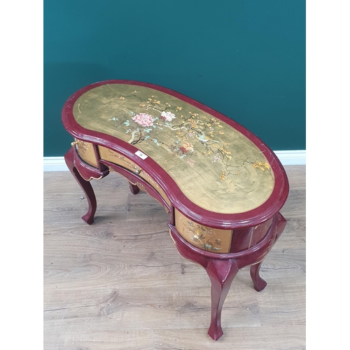 38 - A Modern kidney shaped Dressing Table fitted three drawers on cabriole supports with floral and bird... 