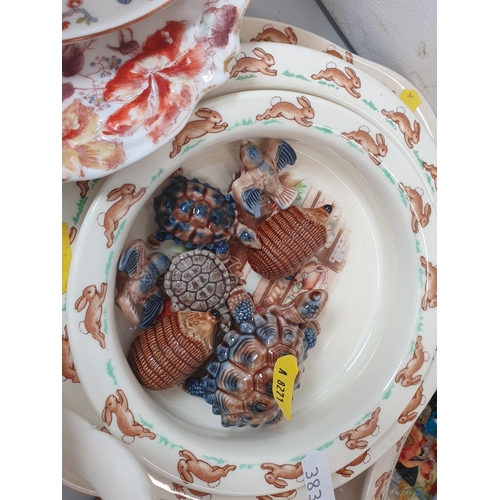 383 - Five copper luster Jugs, Wade Whimsies, glass animals, Doulton Bunnykins dishes, a Comport, Plates a... 