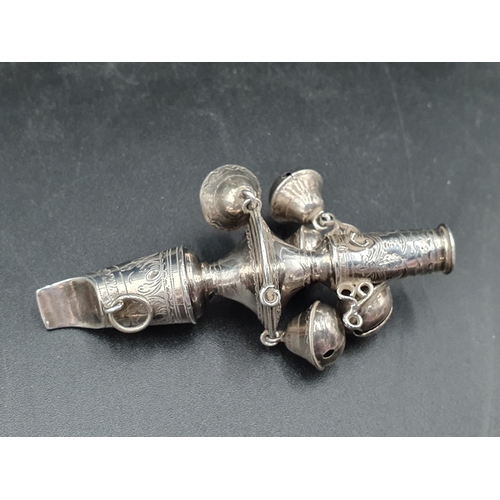 51 - A 19th Century silver Rattle with five attached bells, scroll engraving and initials, marks worn, A/... 