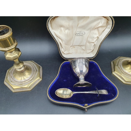 55 - An Edward VII silver Egg Cup and Spoon, Sheffield 1908, in case, a plated Sandwich Box, a Jug, a Tab... 