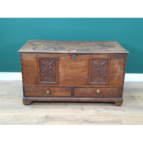 An antique oak Blanket Chest fitted two drawers with two later panels 3ft 1in W x 1ft 10in H