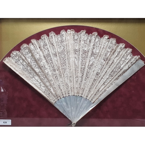 620 - ******** WITHDRAWN *********

An antique lace and mother of pearl Fan in frame