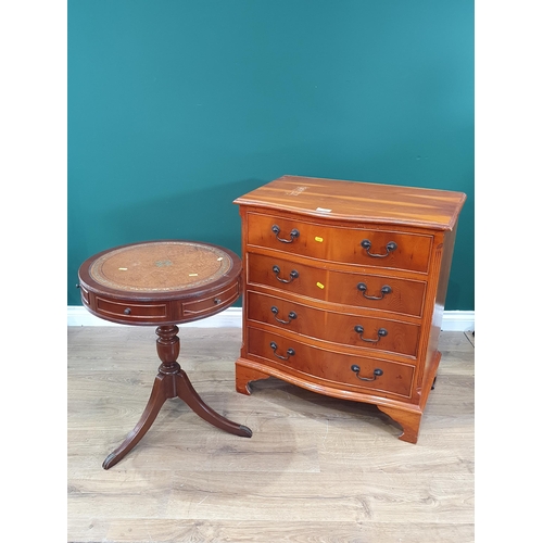 648 - A yew veneered serpentine fronted Chest of four drawers 2ft 7in H x 2ft 3in W and a reproduction mah... 