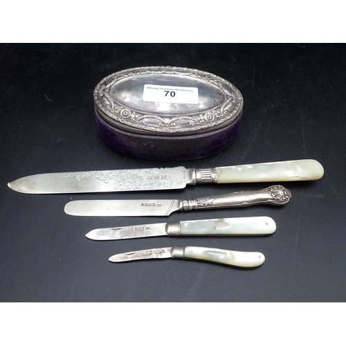 70 - An Edward VII silver mounted oval Jewel Box, Birmingham 1908, two Fruit Knives with folding silver b... 