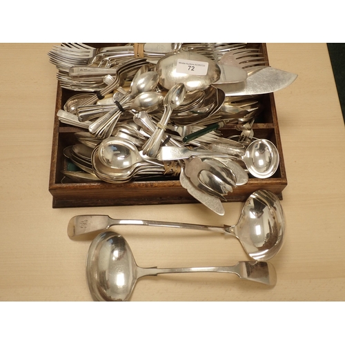 72 - An oak Cutlery Tray containing a large quantity of plated Cutlery including two Soup Ladles