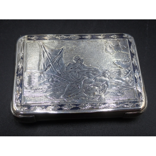 78 - A Russian silver Niello Tobacco Box decorated figures and sailing vessels, 3¼ x 2¼in