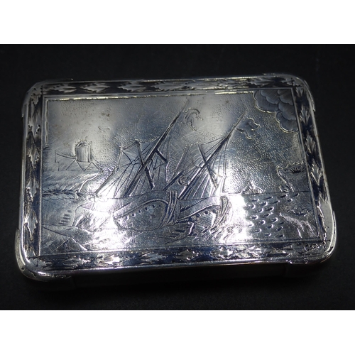 78 - A Russian silver Niello Tobacco Box decorated figures and sailing vessels, 3¼ x 2¼in