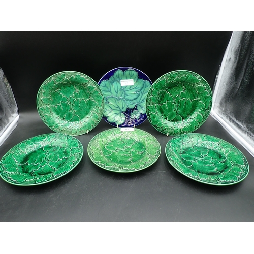 83 - Five Davenport pottery green cabbage leaf moulded Plates, 9in impressed mark, another in blue and gr... 