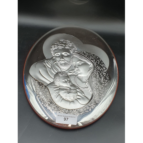 97 - A Lilian Austin oval silver Plaque of Mary, Joseph and Jesus, 13 x 10in