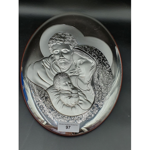 97 - A Lilian Austin oval silver Plaque of Mary, Joseph and Jesus, 13 x 10in