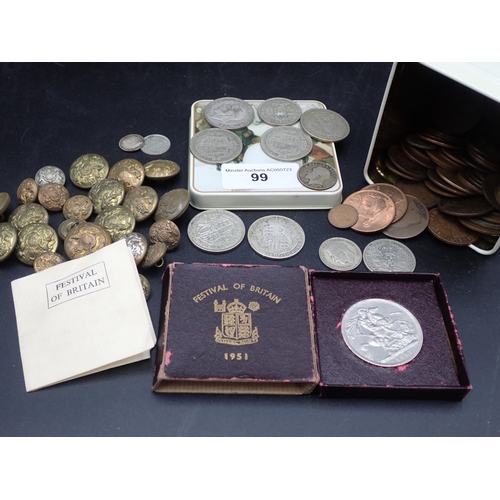 99 - A Festival of Britain Crown 1951, quantity of pre 47 Half Crowns etc, copper coins & military Button