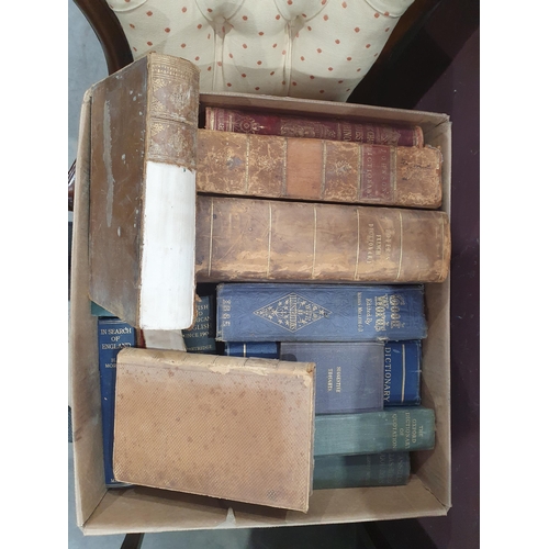 652 - Box of Books including Johnson's Dictionary, Boyer's French Dictionary, Lady Charlotte's Guest's Mab... 