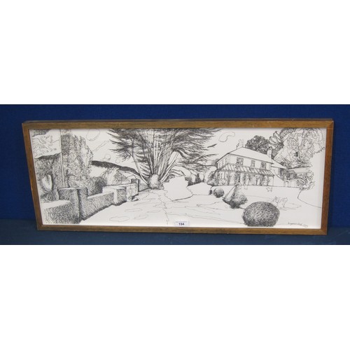 396 - EUGENE FRISK. View towards a country house, pen and ink, 11 x 30in