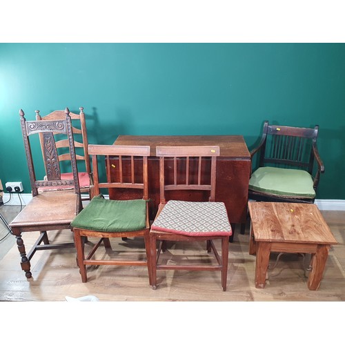 599 - A pair of bar back Chairs, a a Ladderback Chair, a carved oak Chair and a mahogany dropleaf Table