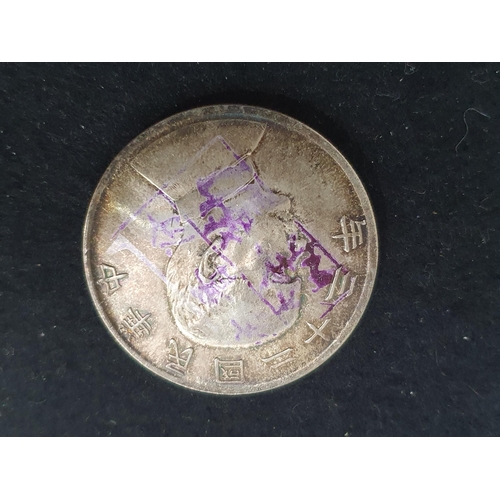 219 - China Republic (1912-1949) 'Junk' Dollar, obv Bust of Sun-Yat Sen (purple ink stamps)