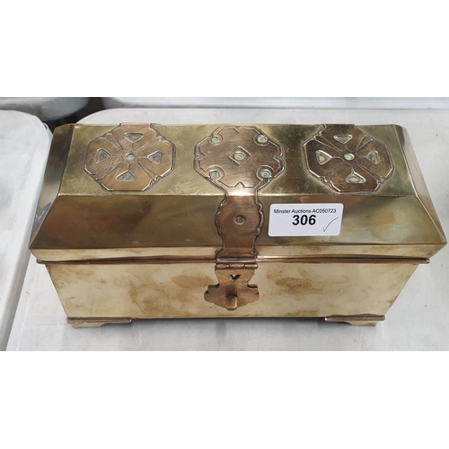 474 - An Arts and Crafts Sarcophagus Box the tapering body with applied strapping and Celtic Emblems on br... 