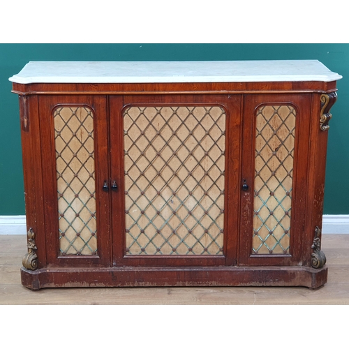 482 - A Victorian rosewood marble top Side Cabinet with white marble top above three doors with metal trel... 