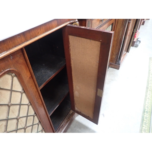 482 - A Victorian rosewood marble top Side Cabinet with white marble top above three doors with metal trel... 