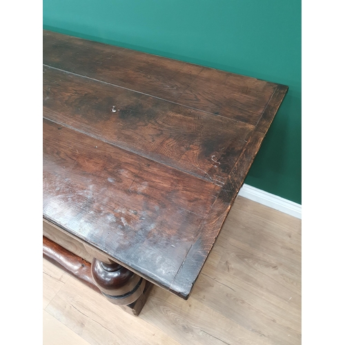 770 - An antique oak Refectory Table with 17th Century elements, having a three plank cleated top, raised ... 