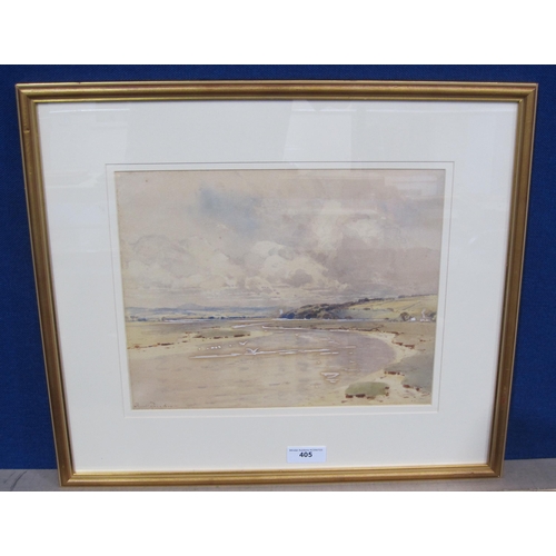 405 - FRED TUCKER. The river Nith at Glencaple, Dumfries, signed, watercolour heightened with white, 10½ x... 