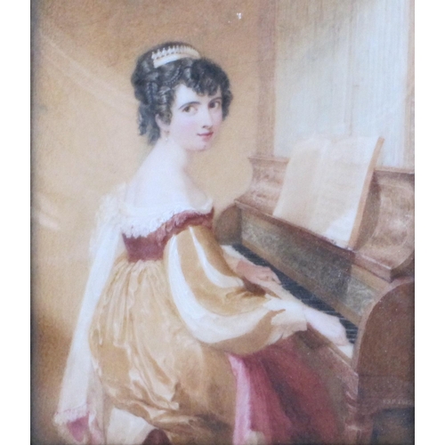 414 - ENGLISH SCHOOL, c.1825. Portrait Miniature of a Lady playing a piano, on ivory, 7 x 5in (ivory refer... 