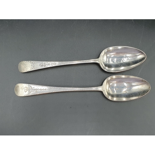 108 - Two George III silver Table Spoons, old English pattern with bright cut engraving, London 1788 & 179... 