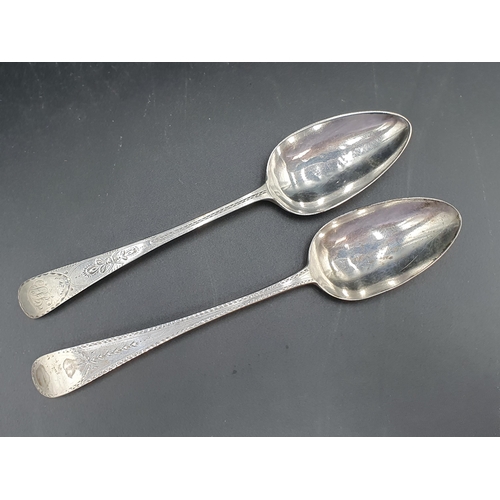 108 - Two George III silver Table Spoons, old English pattern with bright cut engraving, London 1788 & 179... 