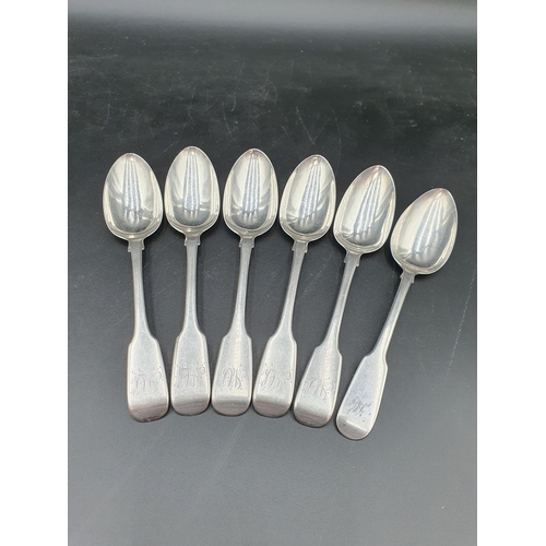 120 - Six Victorian silver Dessert Spoons, Fiddle Pattern engraved initials, London 1860 and on 1809  238g... 